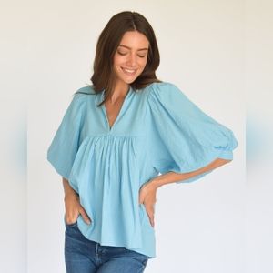 NWT NEVER A WALLFLOWER HIGH NECK TOP CAROLINA BLUE SEERSUCKER Size XS